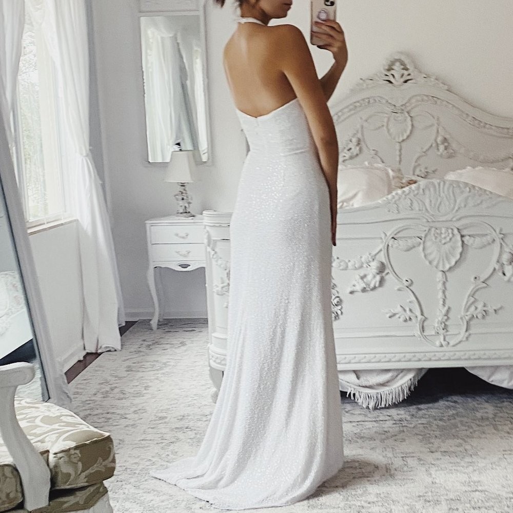Vintage Alfred Angelo Sequin Halter Floor Length Wedding NYE Vegas Gown