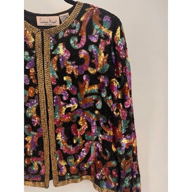 Vintage Laurence Kazar Black Multicolor Sequin Beaded Silk Jacket Glam Art Deco