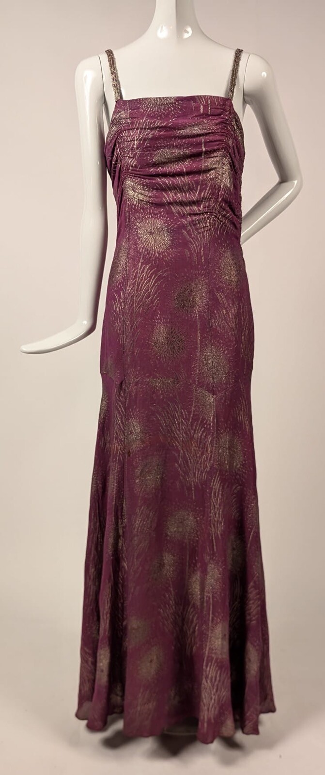 HOLLYWOOD GLAMOUR 1930’S METALLIC GOLD LAME BROCADE FUCHSIA LONG DRESS 