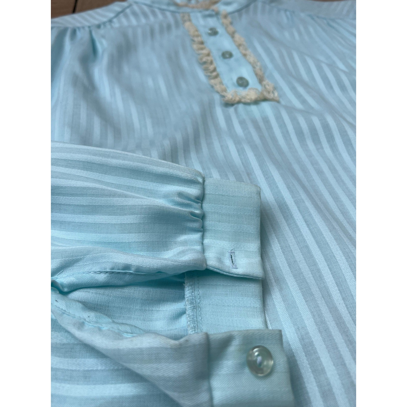 Victorian style blue striped long sleeve blouse lace accents made by Judy Bond