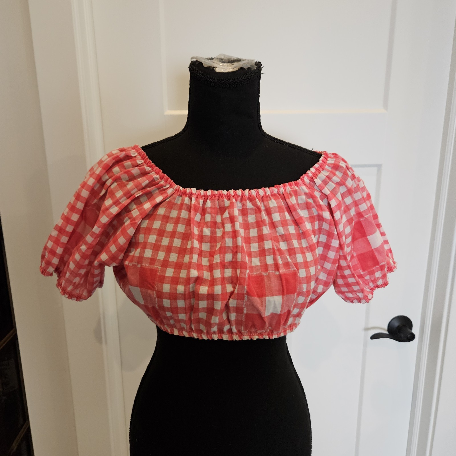 VTG 1970s Sears JR Bazaar Red/White Checker Gingham Off Shoulder Cotton Crop Top