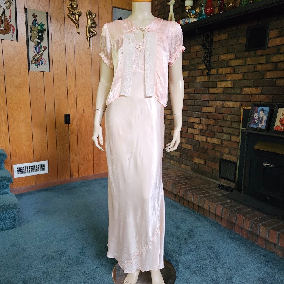 Vtg 30s 40s Pink Bias Cut Liquid Satin Peignoir Nightgown Robe Slip Dress Set M
