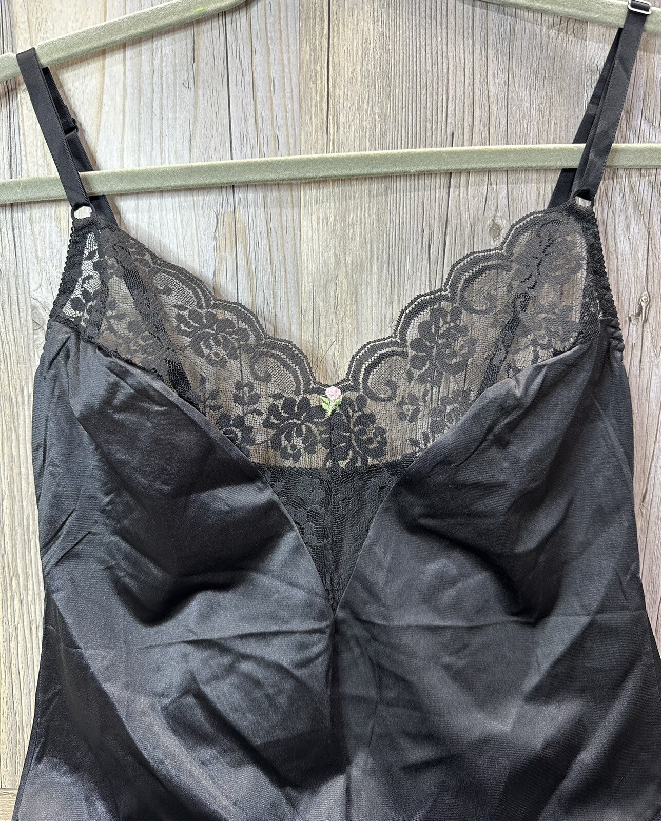 Vtg Maidenform Chantilly Lace Nylon Black Bodysuit Black Pink Rose Size M 36