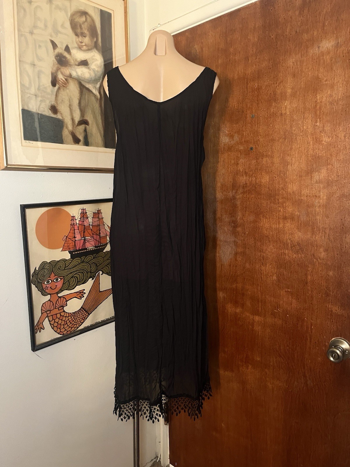 Vintage Black Whimsy Classic Sheer Crinkle Pleated Crochet Hem Maxi Dress S/M