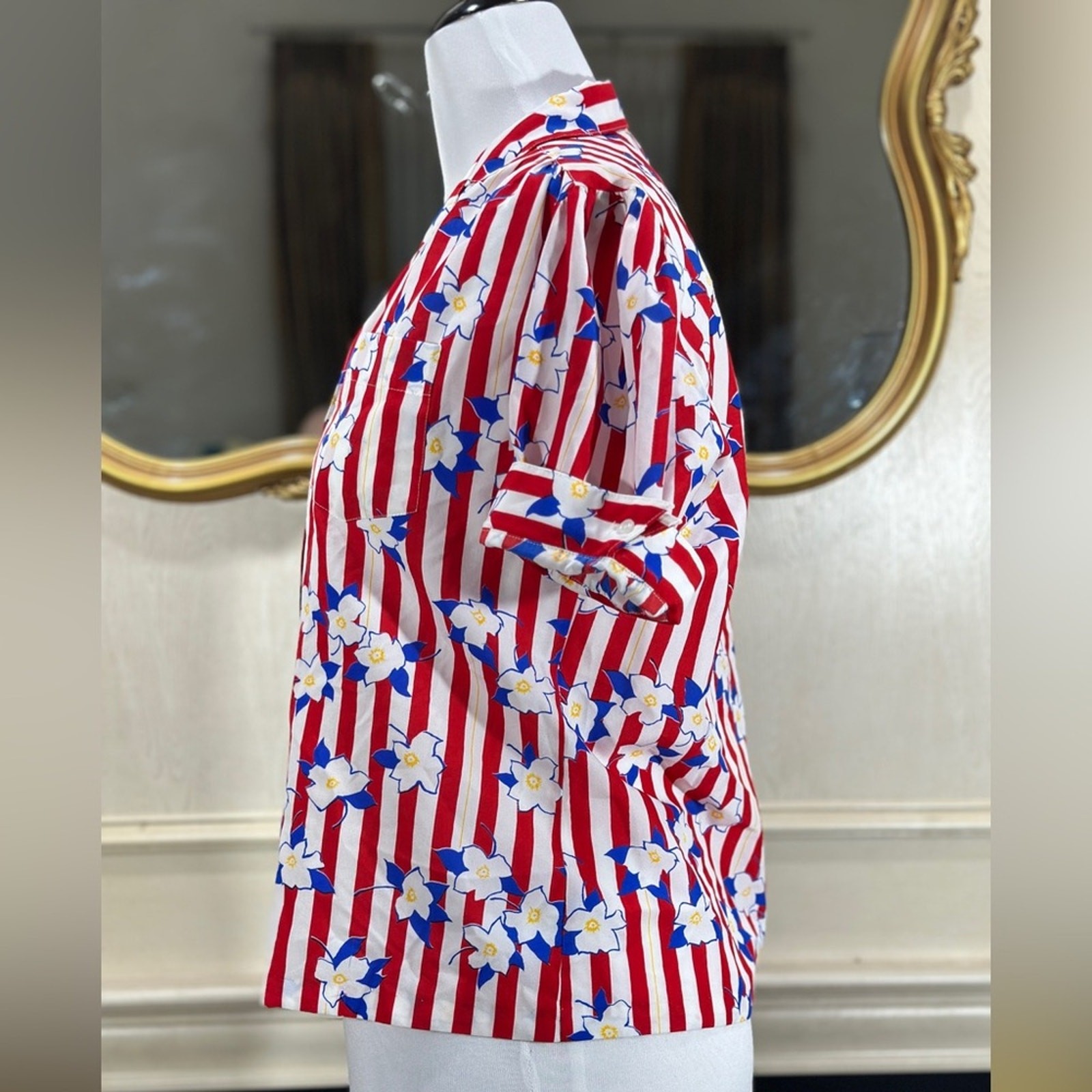 Vintage Silkhana Red White Striped Floral Button-Up Shirt | 80s 90s Blouse M