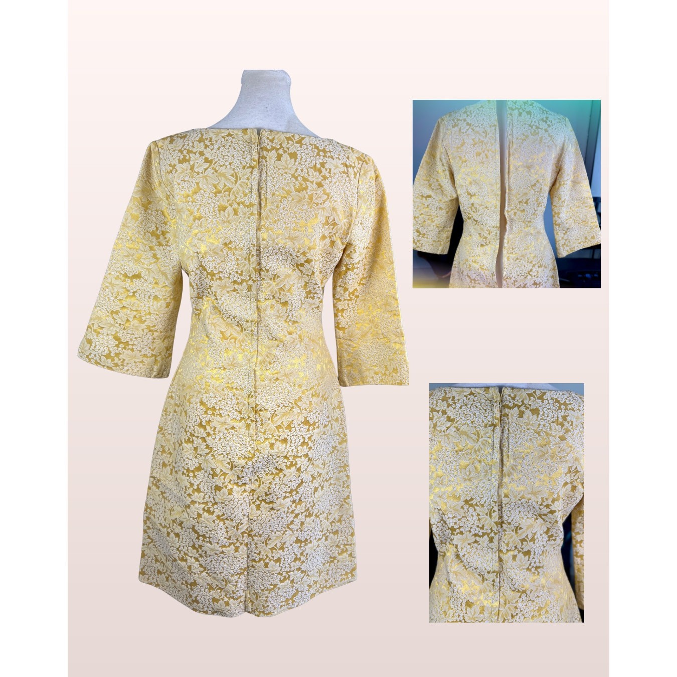 Vintage 60s R&K Originals Gold & White Grape Brocade Cocktail Dress Size 13