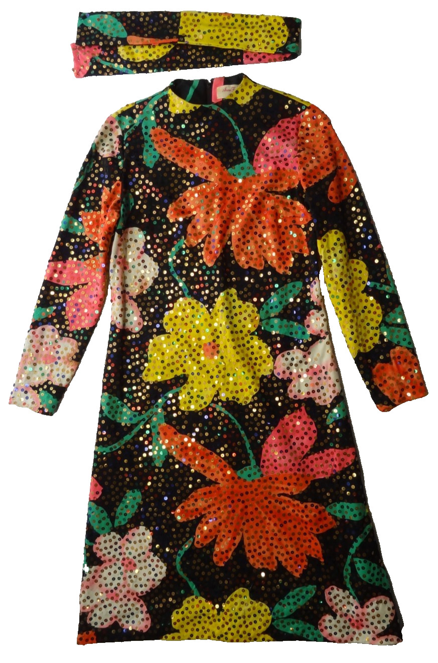 Anne Fogarty 16 Sequin Floral Long Sleeve Mod Dress ILGWU Union USA 60s 70s Boho