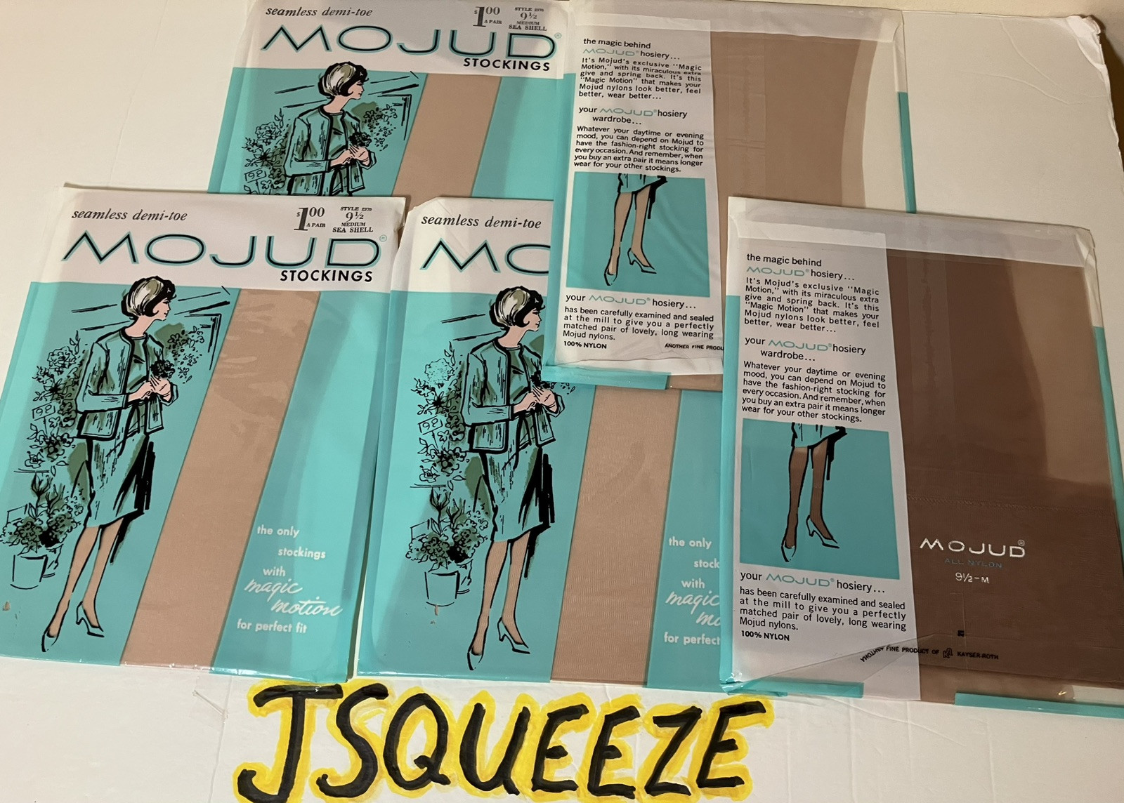 5 Pair VTG FLAT KNIT MOJUD MAGIC MOTION NYLON STOCKINGS GARTER HOSIERY 9 1/2×32”