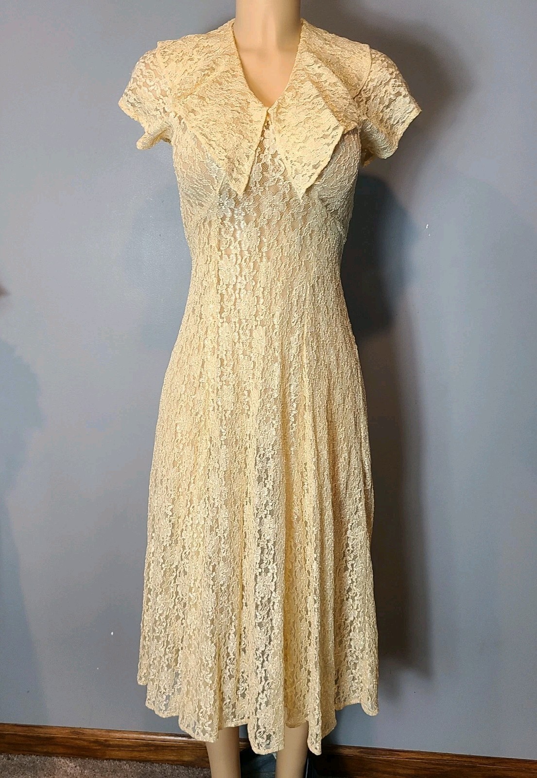 Dawn Joy 90s Butter Yellow Lace Midi Dress Bridal Fairy Ren Faire Grunge Floral