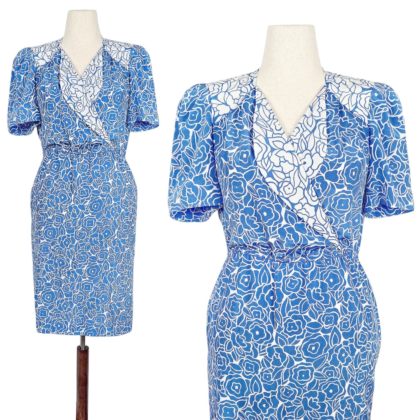 1980s Vintage Dress 80s Midi Blue White Floral Medium Large M/L Shirtwaist Volup