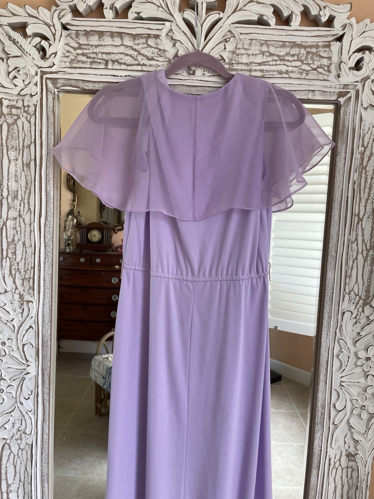 Vintage 70s Sheer Poly Lavender Sleeveless Flutter Cape Maxi Dress S/M