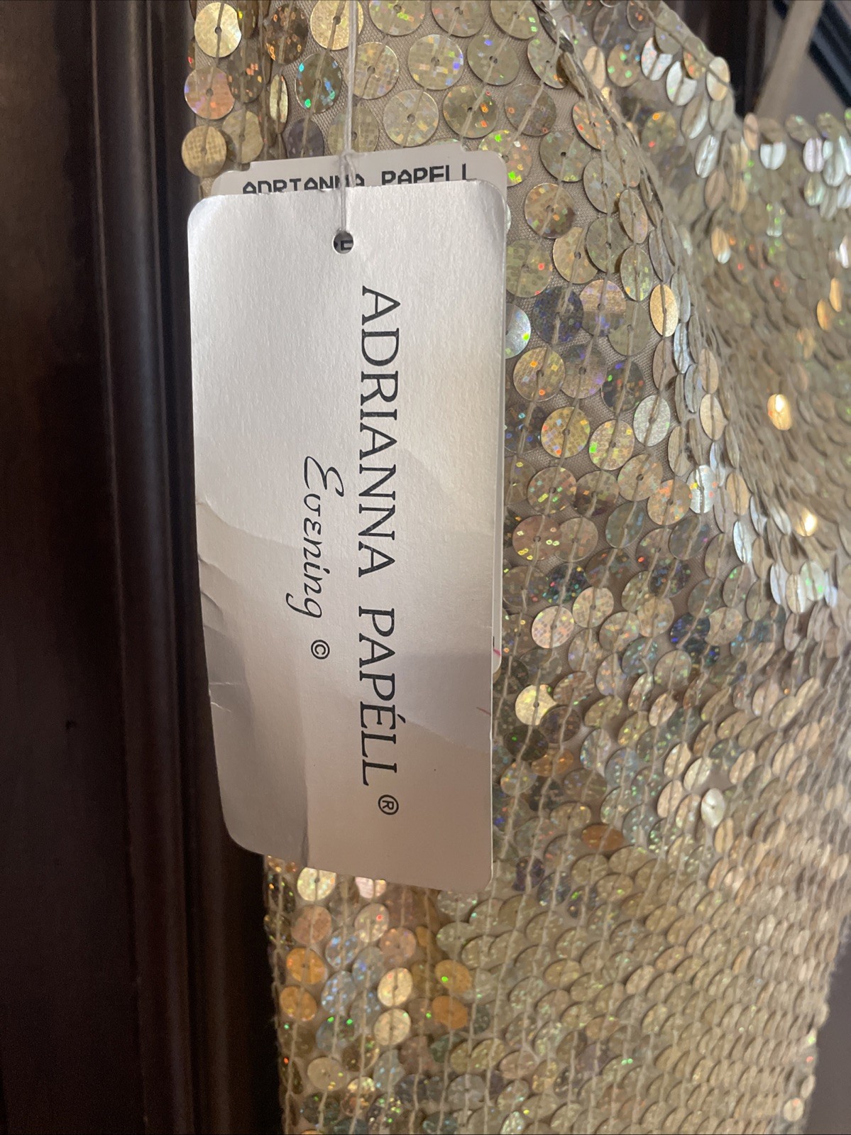 Vintage Adriana Gold sequins spaghetti Strap long, Stretch cocktail dress Sz 10