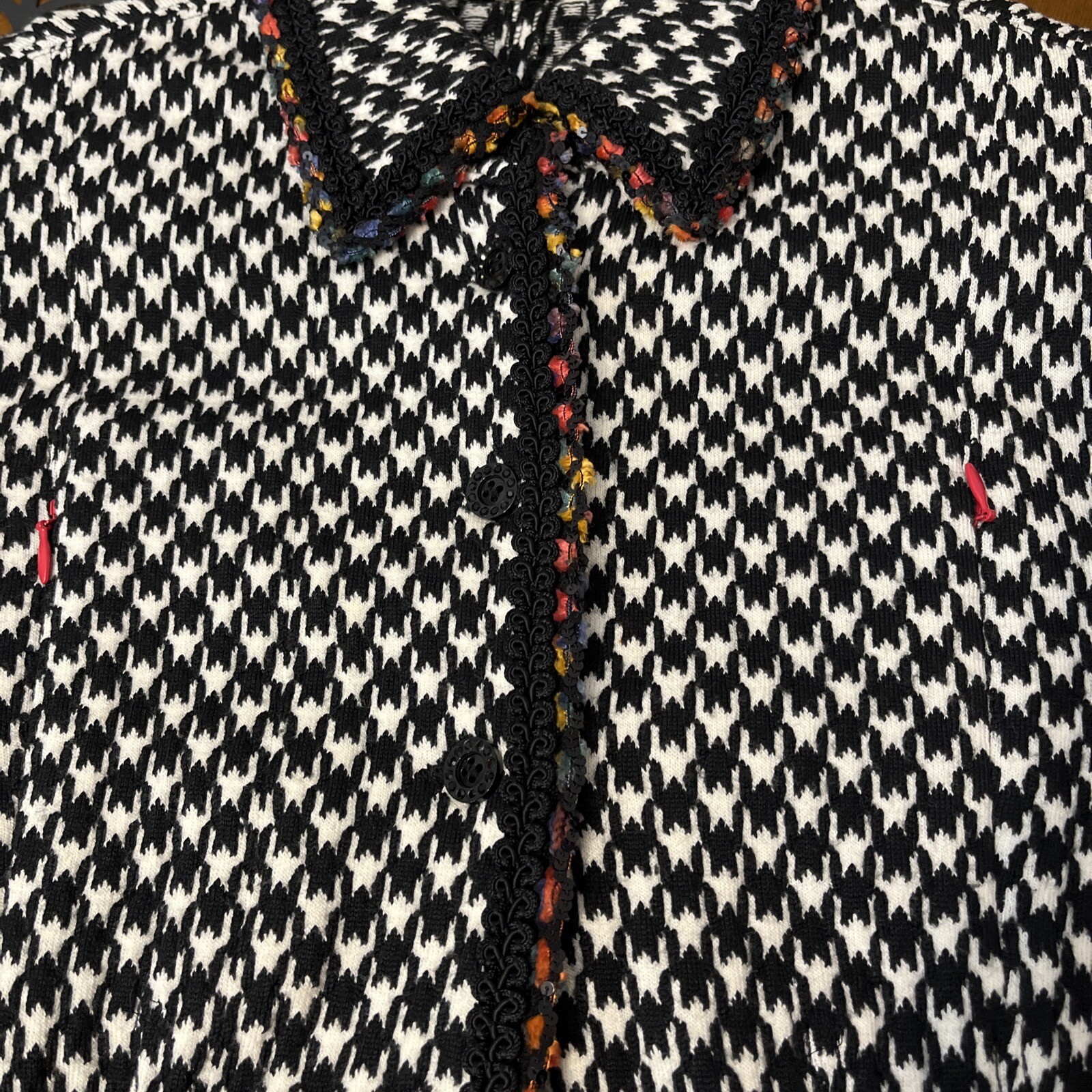Vintage 80’s Houndstooth Fitted Blazer Rainbow Trim Bell Sleeves Stretch