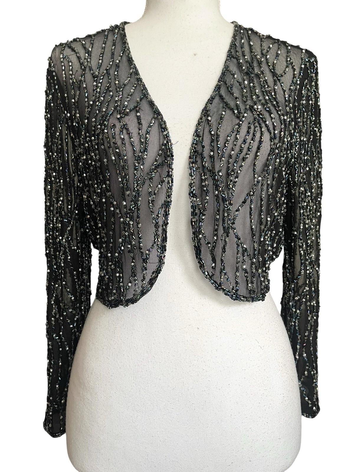 Vintage 90s Sheer Mesh Beaded Bolero Shrug Sz L Old Hollywood Glamour Whimsigoth