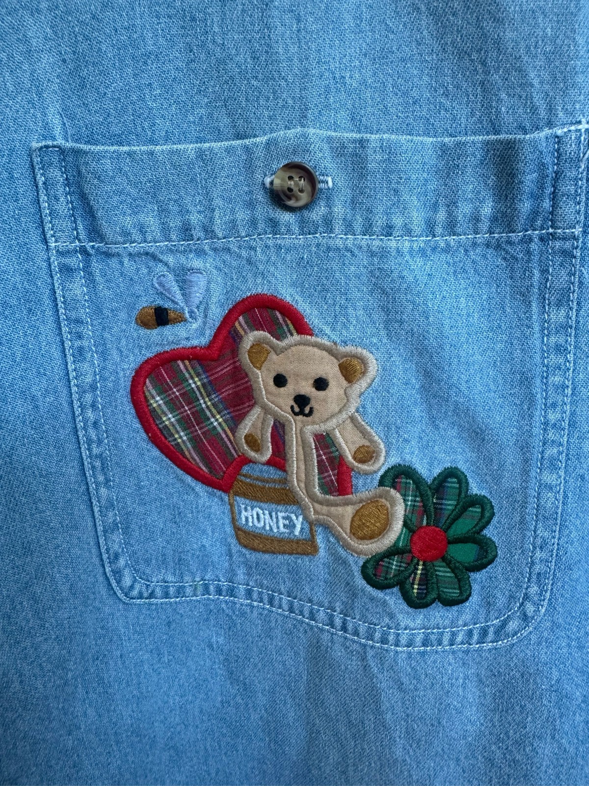 Solution Denim Shirt Teddy Bear Honey Plaid Heart Embroidered Button Up