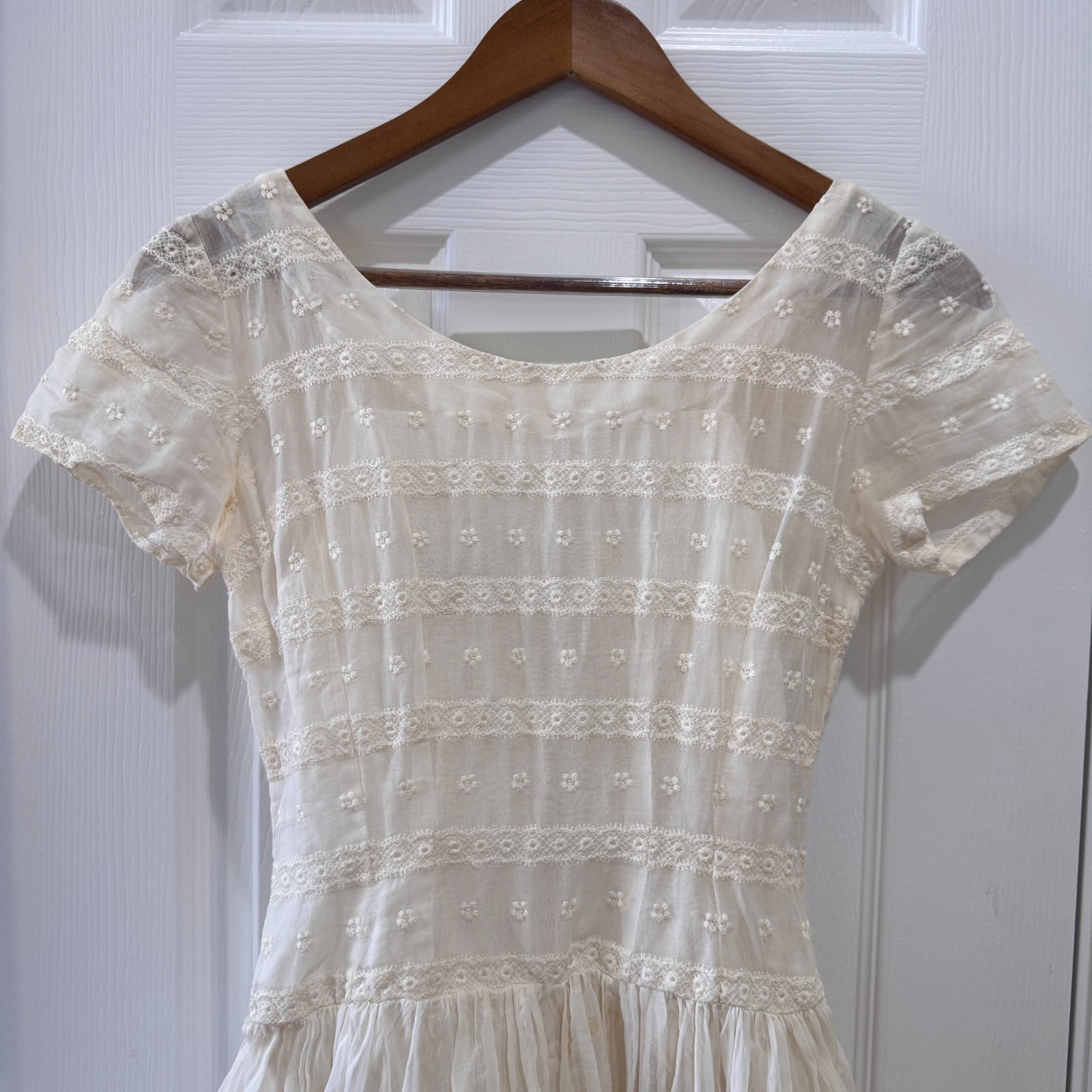 Vintage Tall & Small White Lace Prairie Dress Cottagecore Bridal Gauze XS S