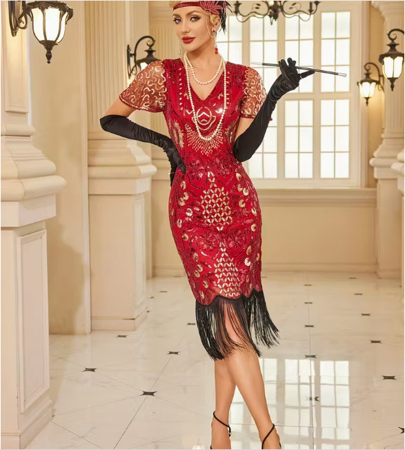 FLAPPER 1920s DRESS-1920s RED Sequin Gatsby Party Dress with Tassels 3 Sizes