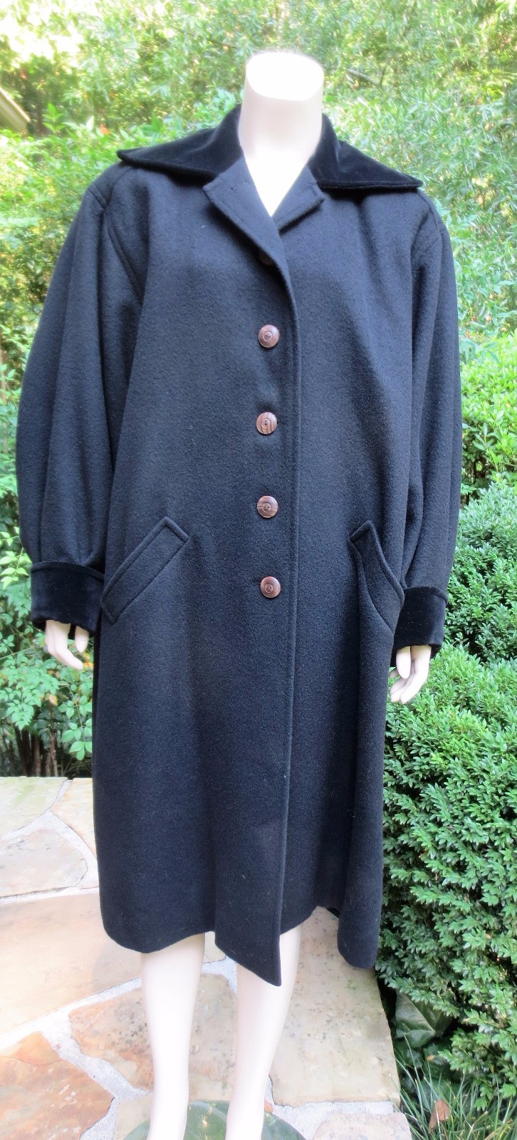 VINTAGE YVES SAINT LAURENT Rive Gauche Black Wool and Velvet Long Coat Sz 44 EUC