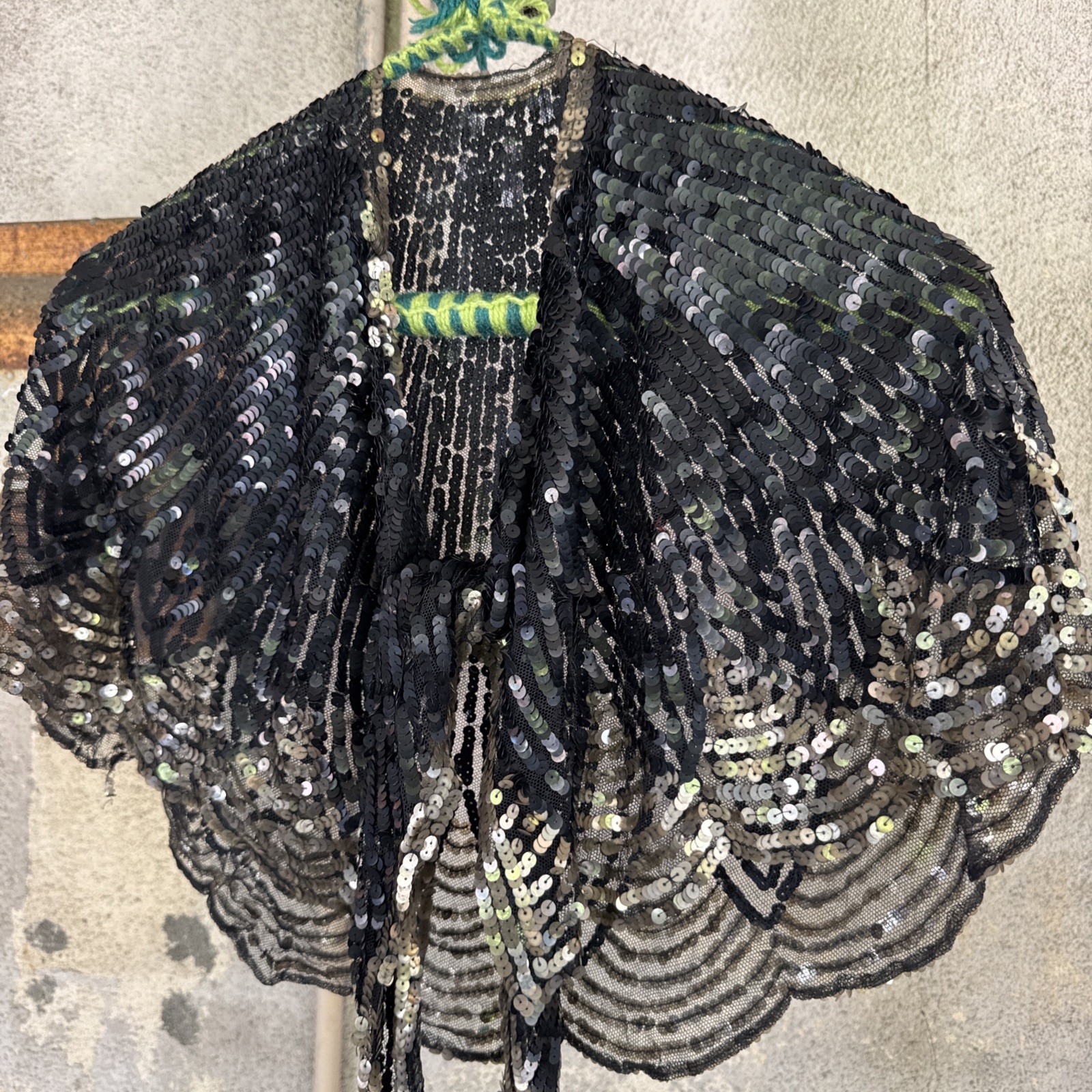 Vintage 1930s Black & Silver Sequin On Net Scalloped Cape Art Deco Dress Top
