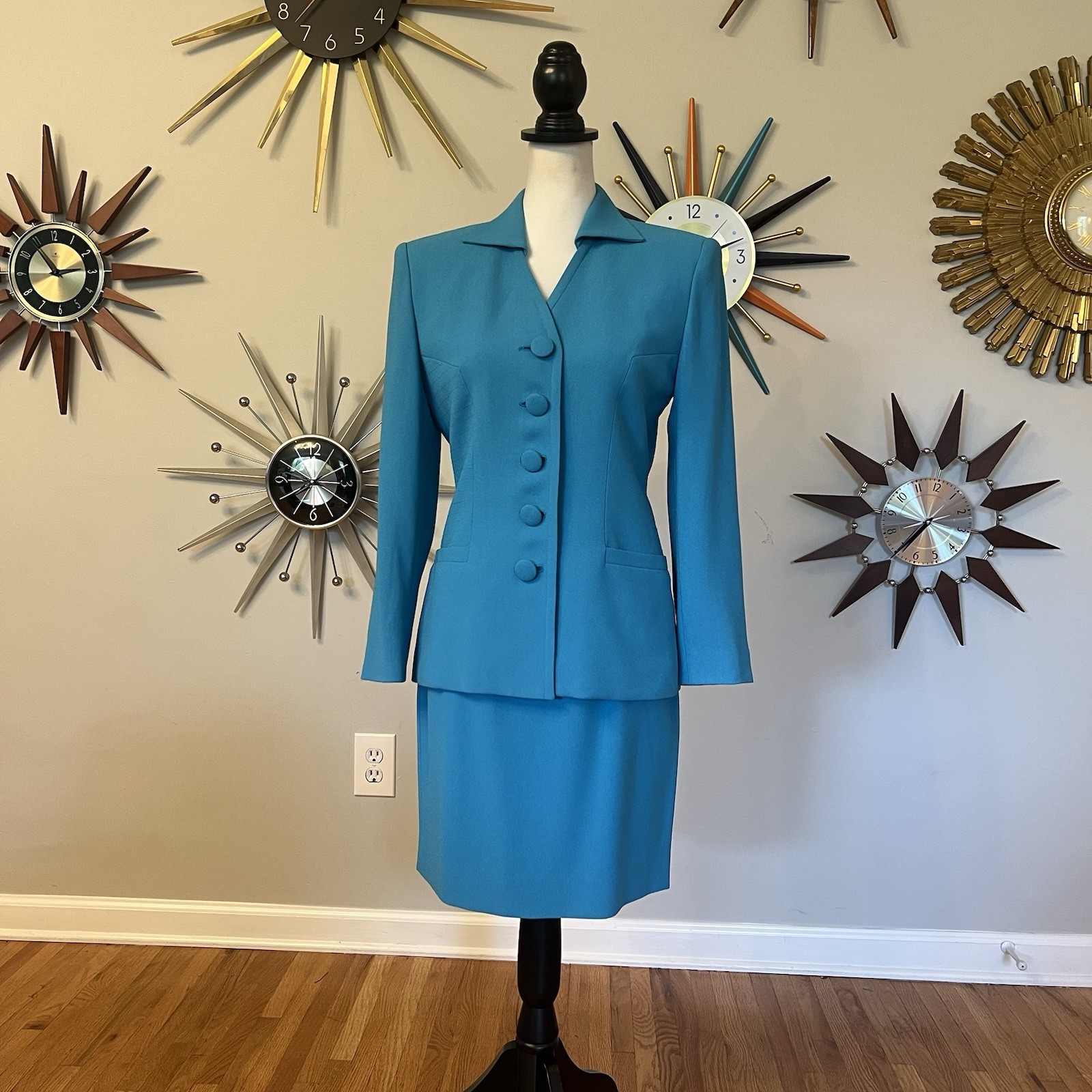 VTG Christian Dior Size 2 1980s 2Pc Turquoise Blue Skirt Suit Set