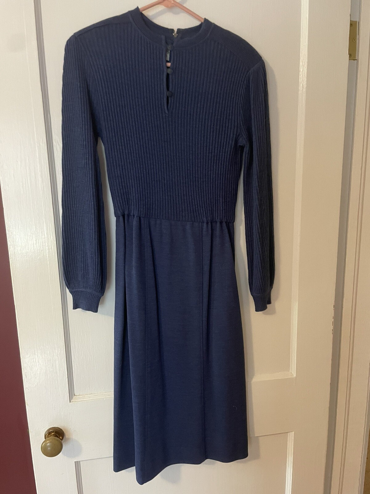 Vintage Ciao Solid Blue Dress Size 8 Pure Wool Longsleeved Lined