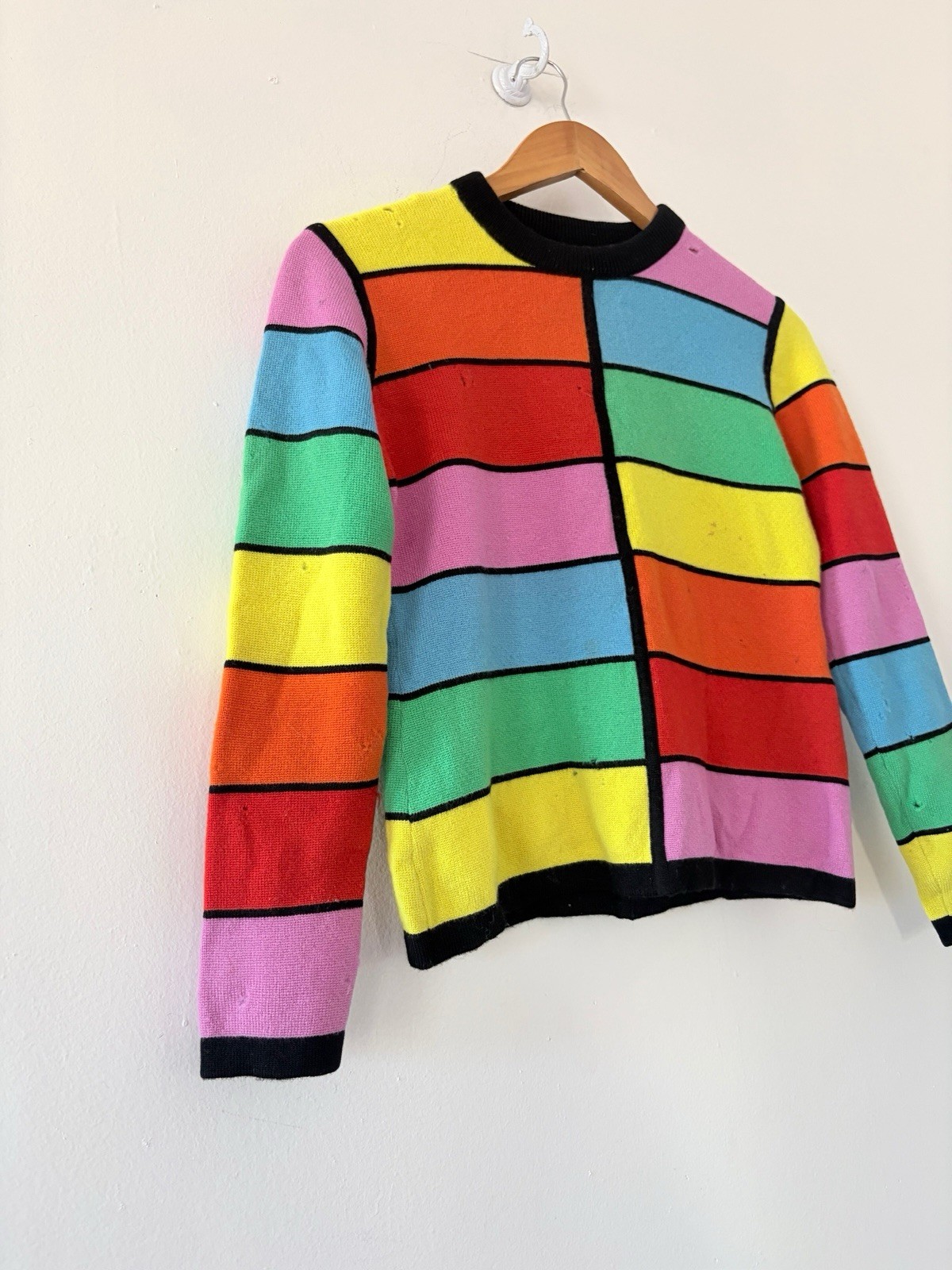 1960s Mod Geometric Color-Block Day Glo/Rainbow Wool Crewneck Sweater AS IS