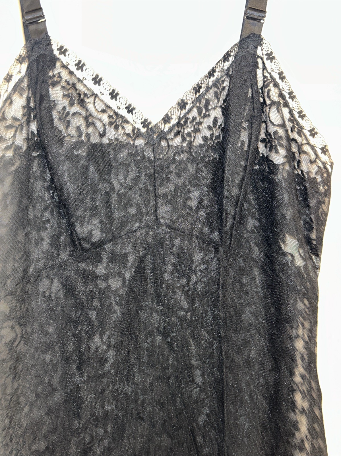 Vintage Pinehurst Black Lingerie Full Floral Lace Sheer Slip Dress Gown 36