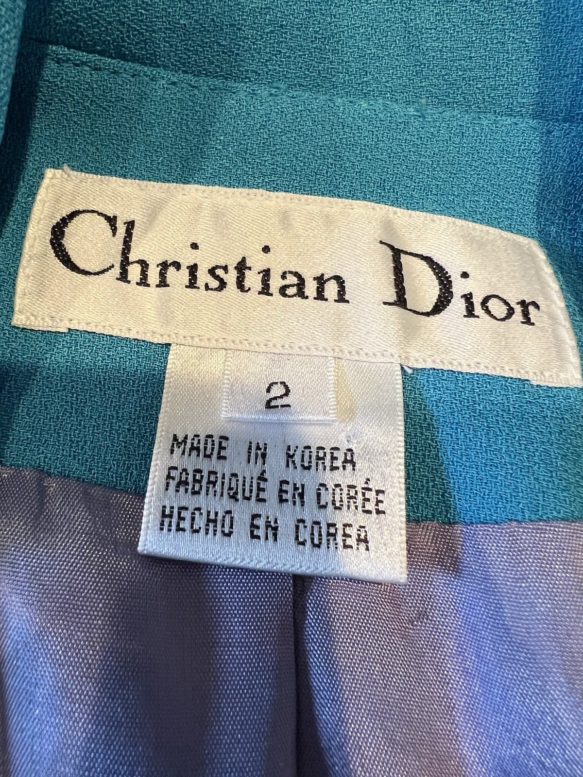 VTG Christian Dior Size 2 1980s 2Pc Turquoise Blue Skirt Suit Set