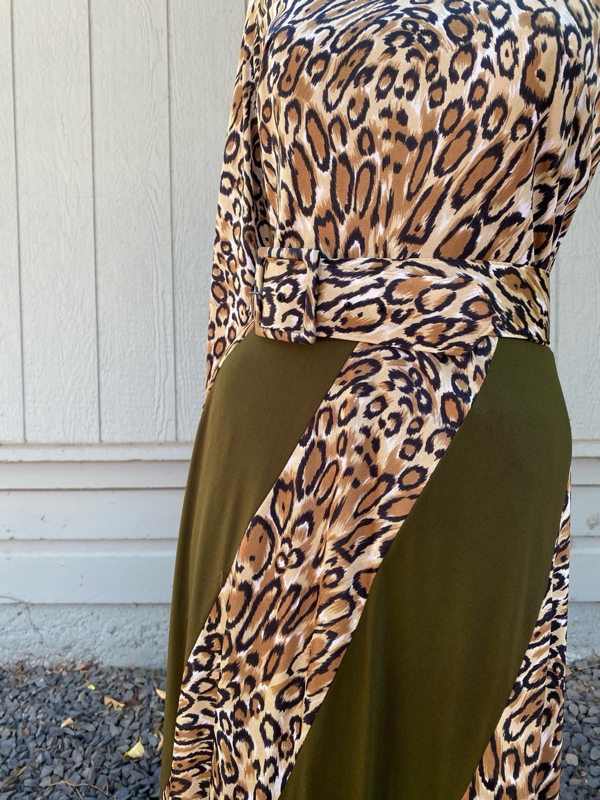 Vintage 70s Leopard Maxi Dress Mock Neck Animal Print Disco Glam Boho XS S