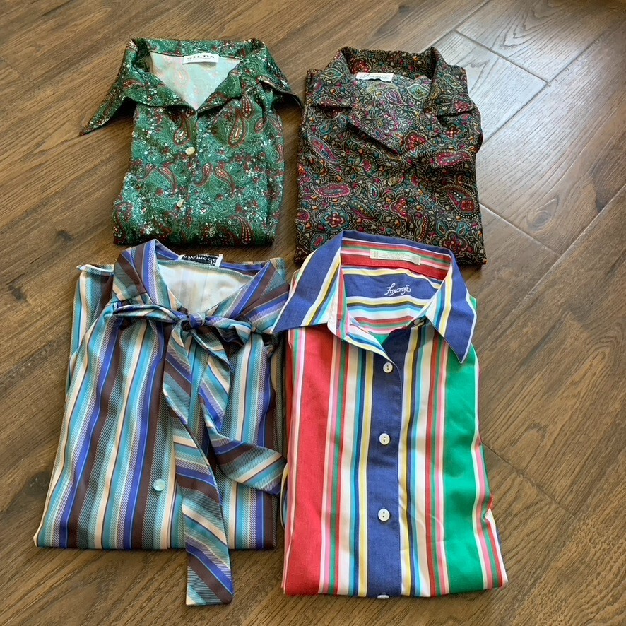 4 VTG 1960s Blouse Shirt Set In Novelty Prints Paisley Stripes Retro Boho Hip
