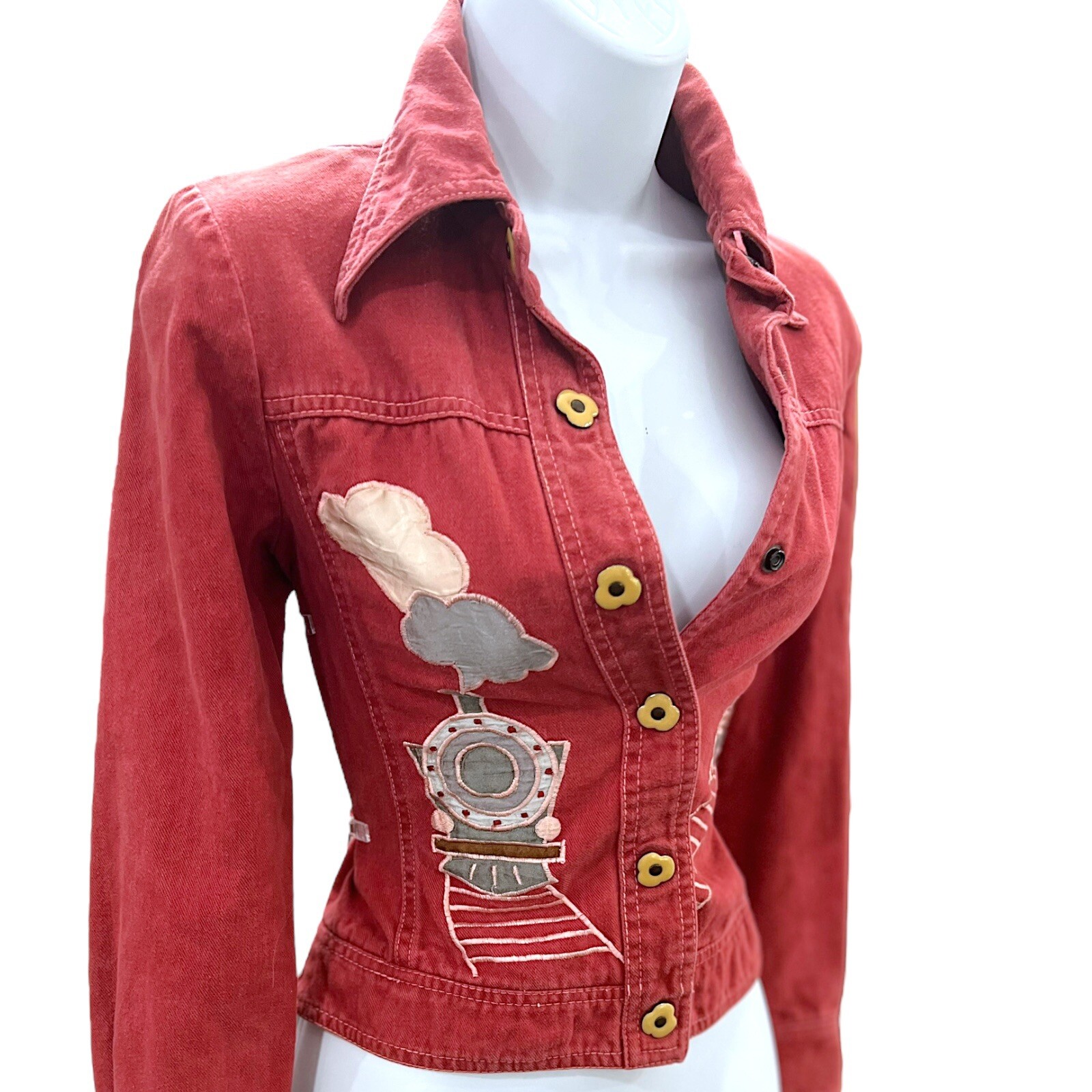 1970s Roncelli Denim Jacket Novelty Train Appliqué Vintage Top Wearable Art Sz S