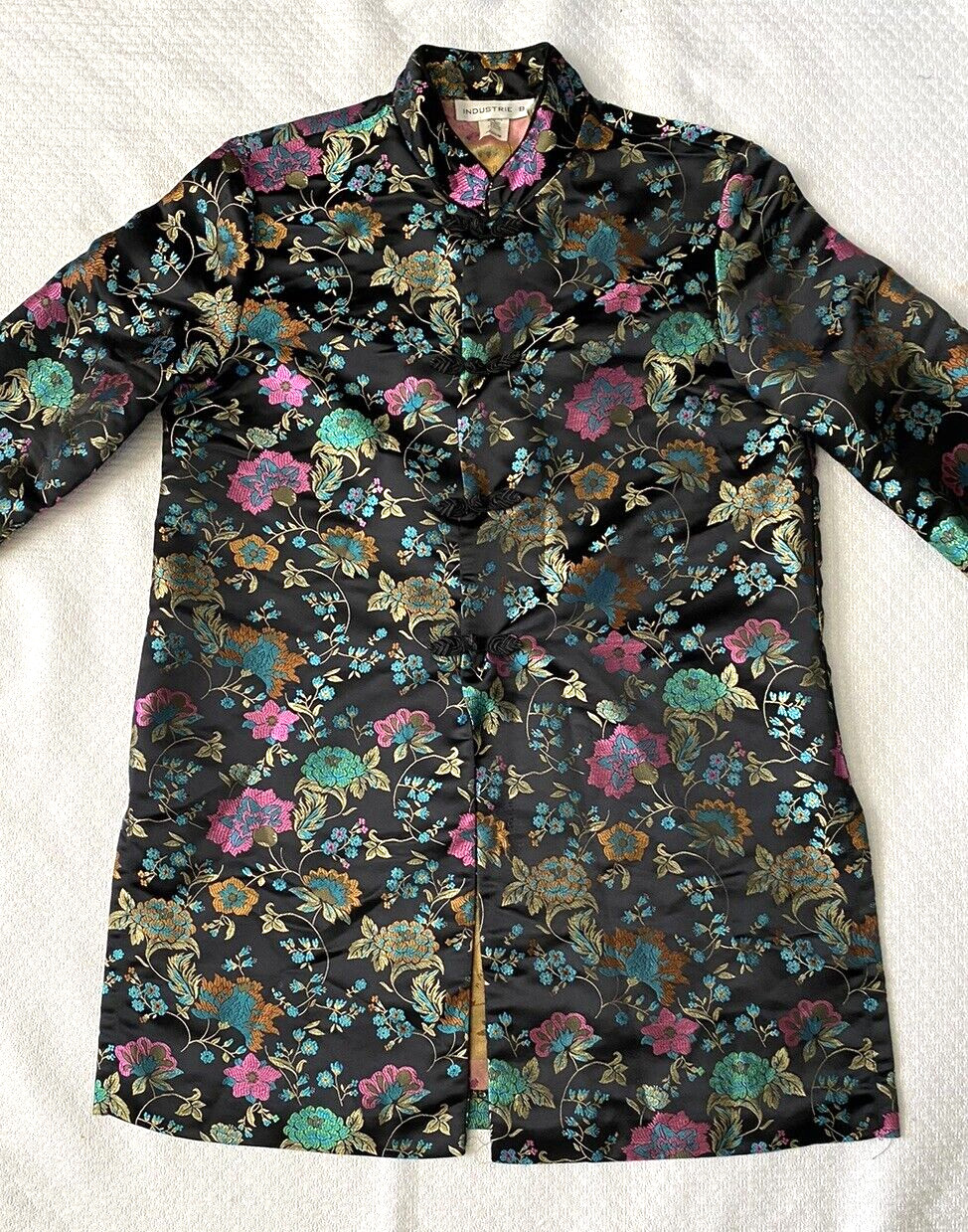Vtg Industrie B Floral Kimono Jacket 🌸 Medium Black Rayon Blend Made in USA