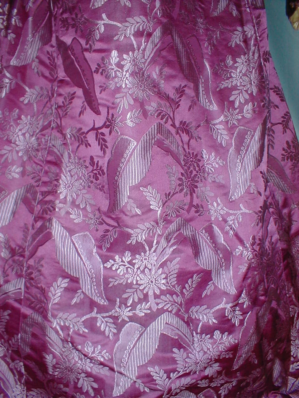 Majestic Antique Evening Dress Victorian 1890 Leaf & Floral Print Copper Satin