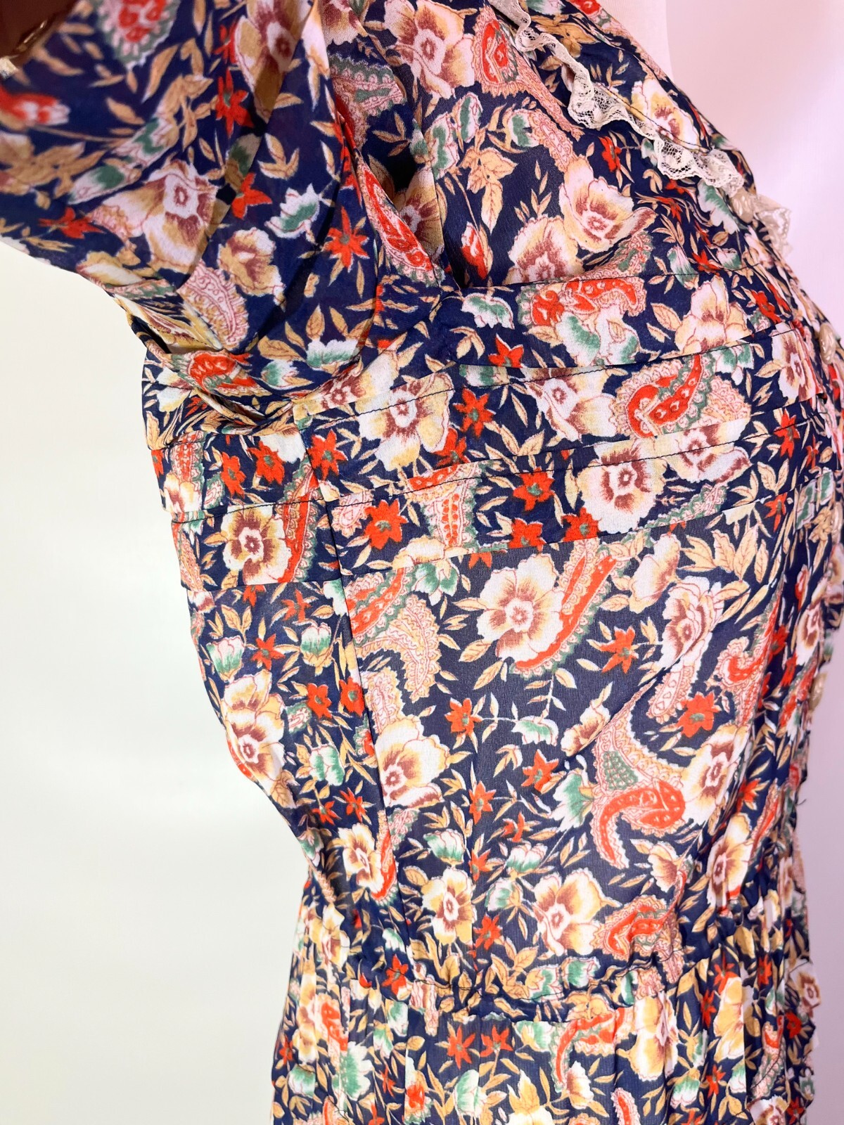 Vintage Unbranded Floral Shirtdress Sheer Lace Collar Fits 10/12