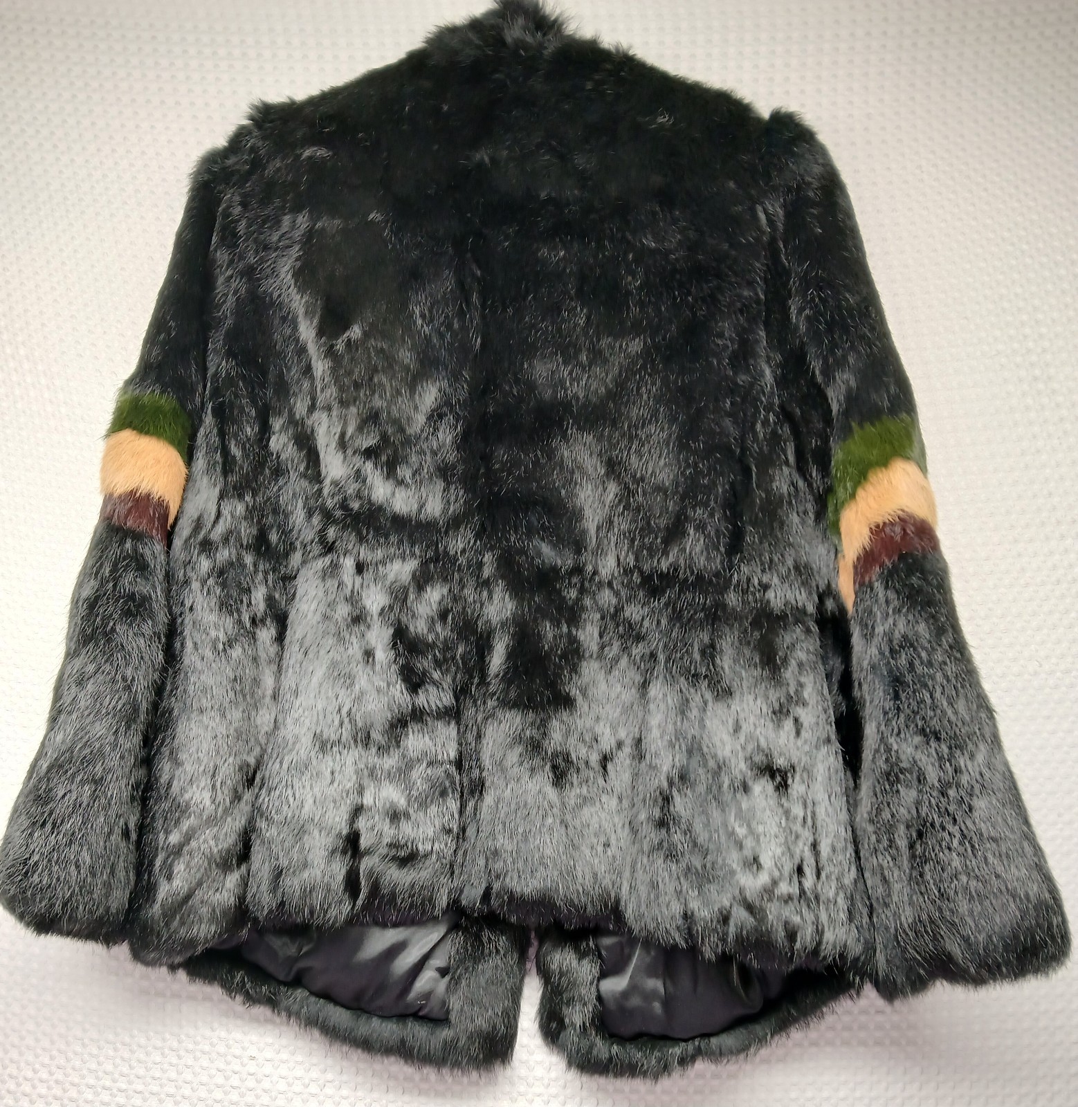 VINTAGE MULTICOLOR GENUINE RABBIT FUR SATIN LINING COAT WOMEN’S L FREE SHIP NICE