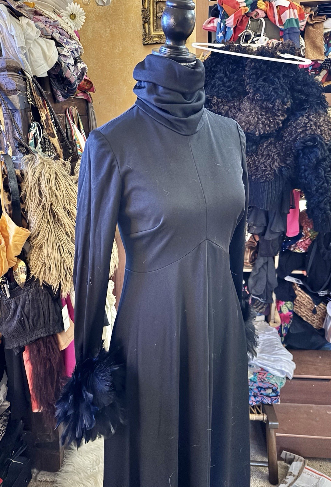 Vtg Joseph Magnin Black Feather Cuff Maxi Dress Goddess Gown Empire 60s 70s S