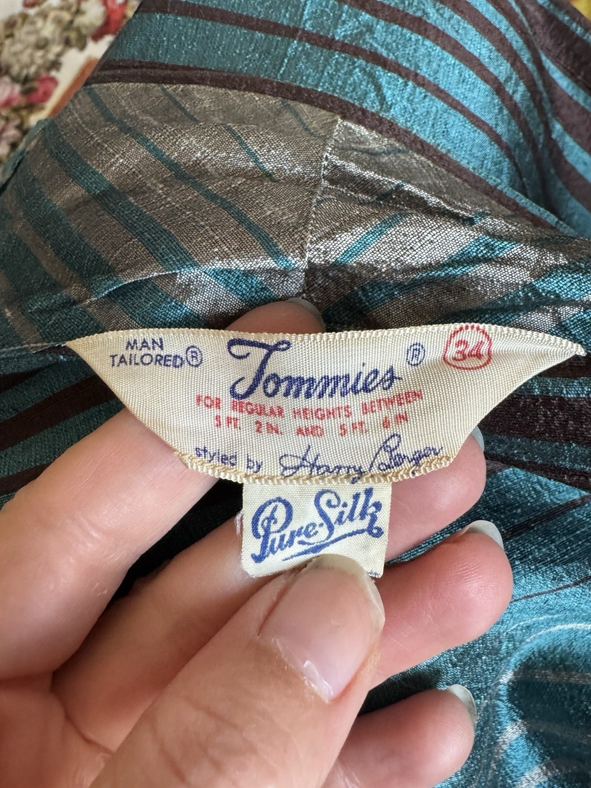Vintage 1950s Striped Silk Wrap Top Belted Shirt Silk Teal Copper Tommies M L