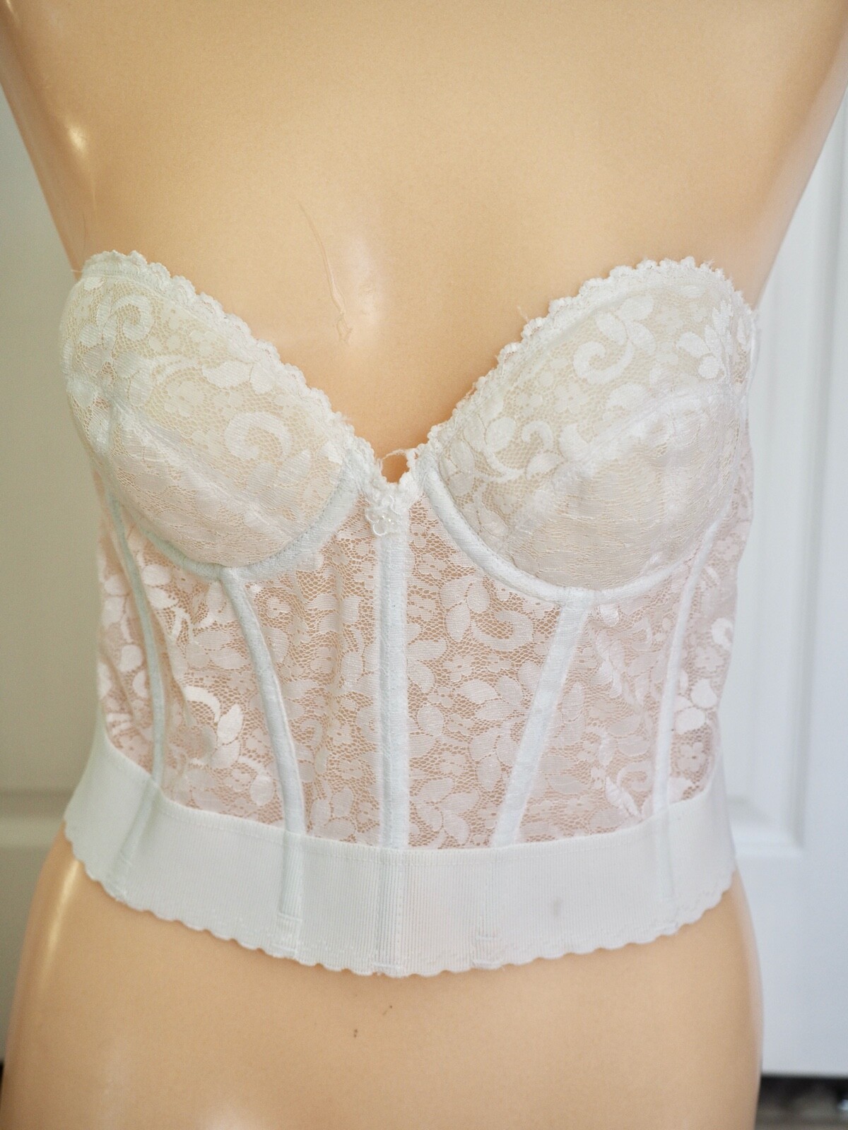 VTG Carnival Bra 38B White Longline Lace Plunge Low Back Strapless Style 213