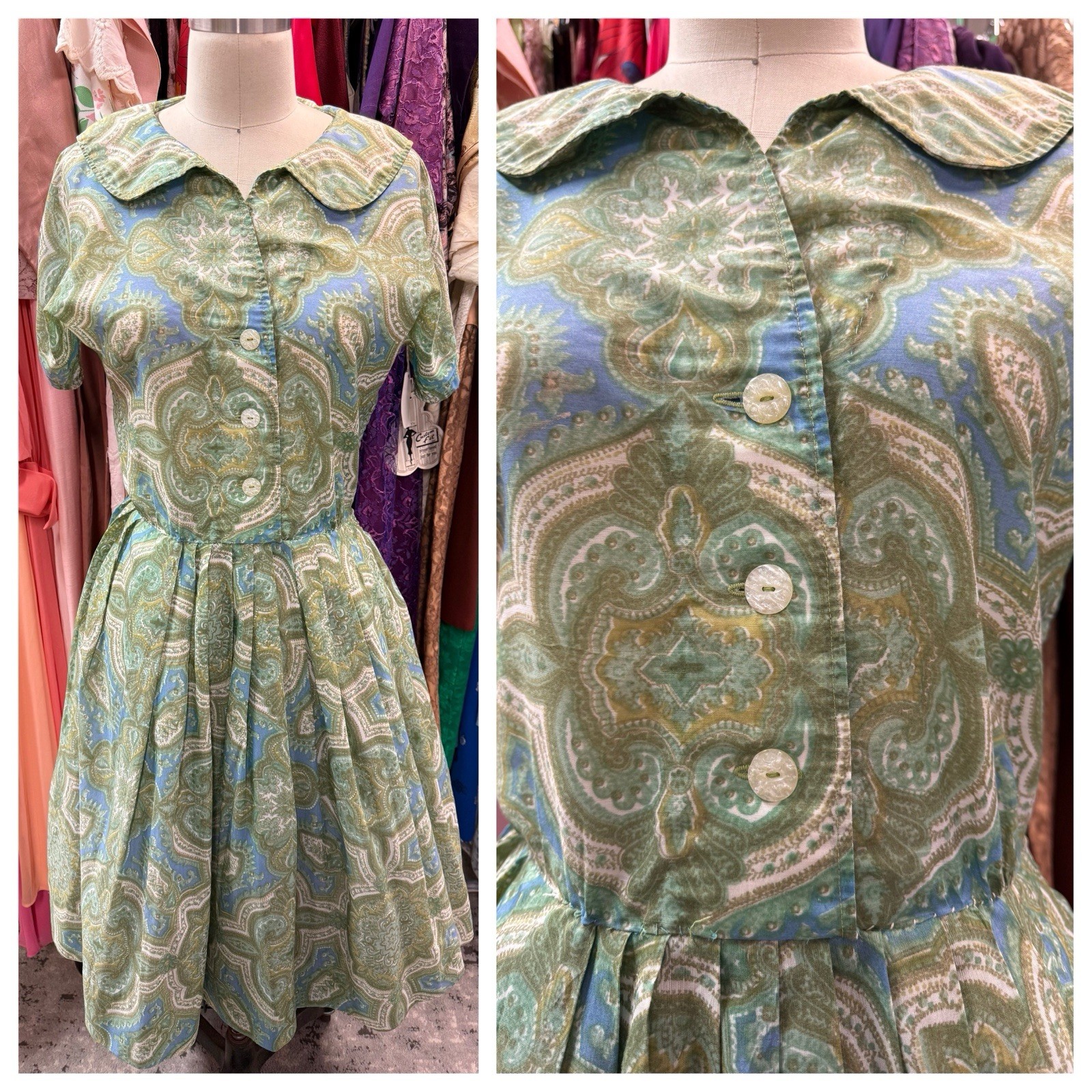 Vintage 1950s Day Dress Fit & Flare Green Blue Paisley Retro Small