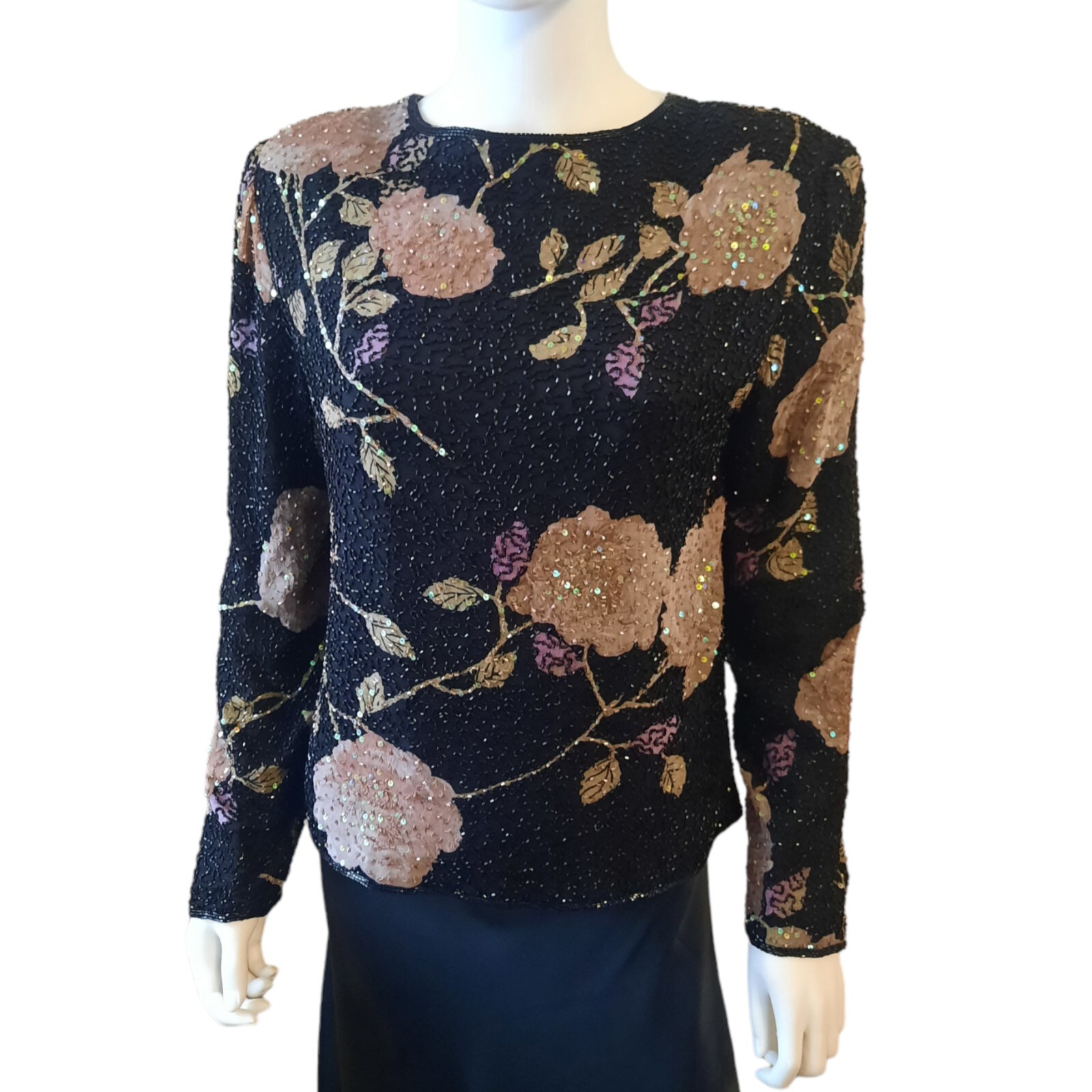 Vtg ANDRETTA DONATELLO Beaded Floral Print Silk Chiffon Jacket Sz M…