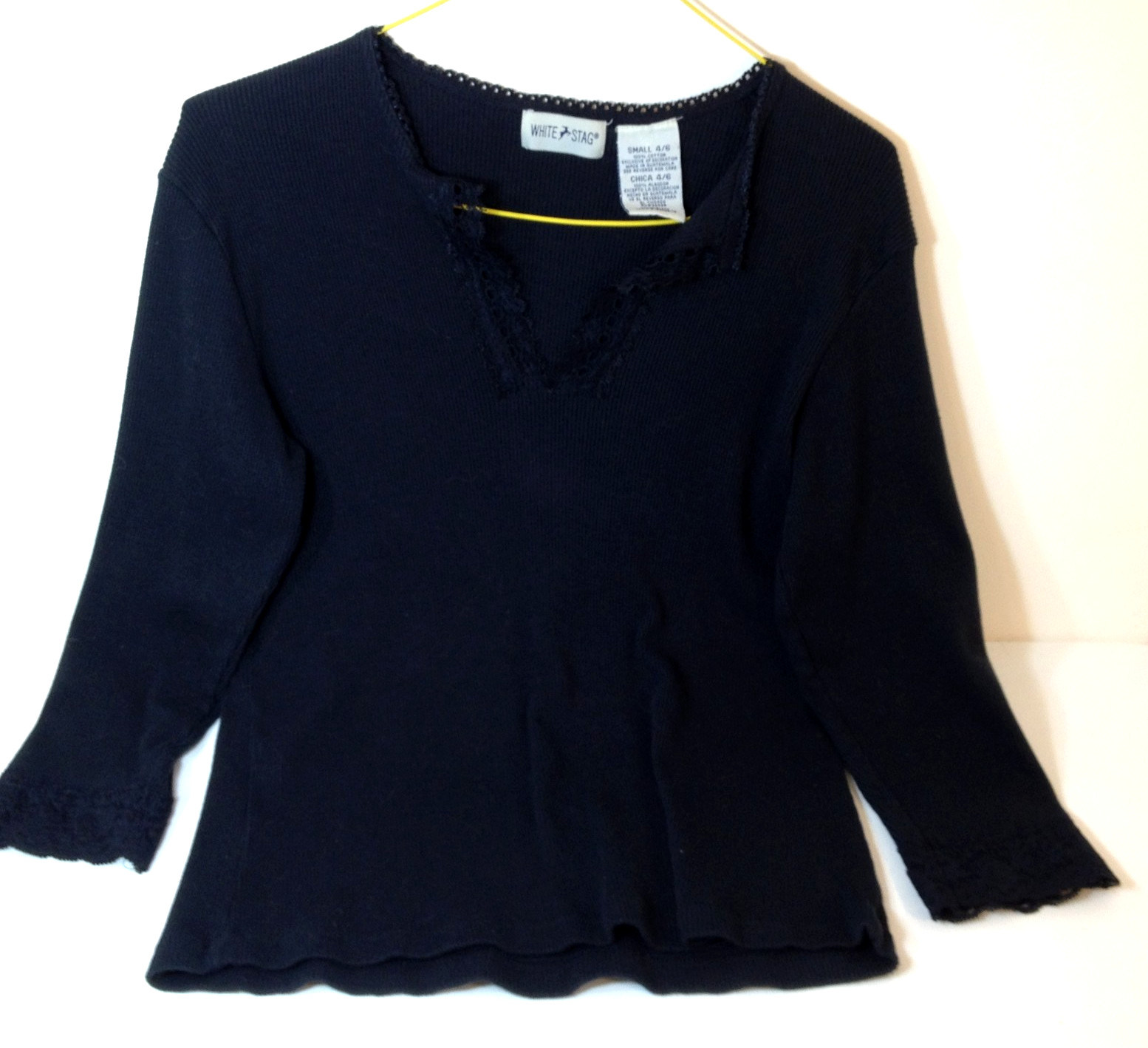 Vintage White Stag Stretch Top Womens Sz S 4-6 Black Shirt Lace Trim