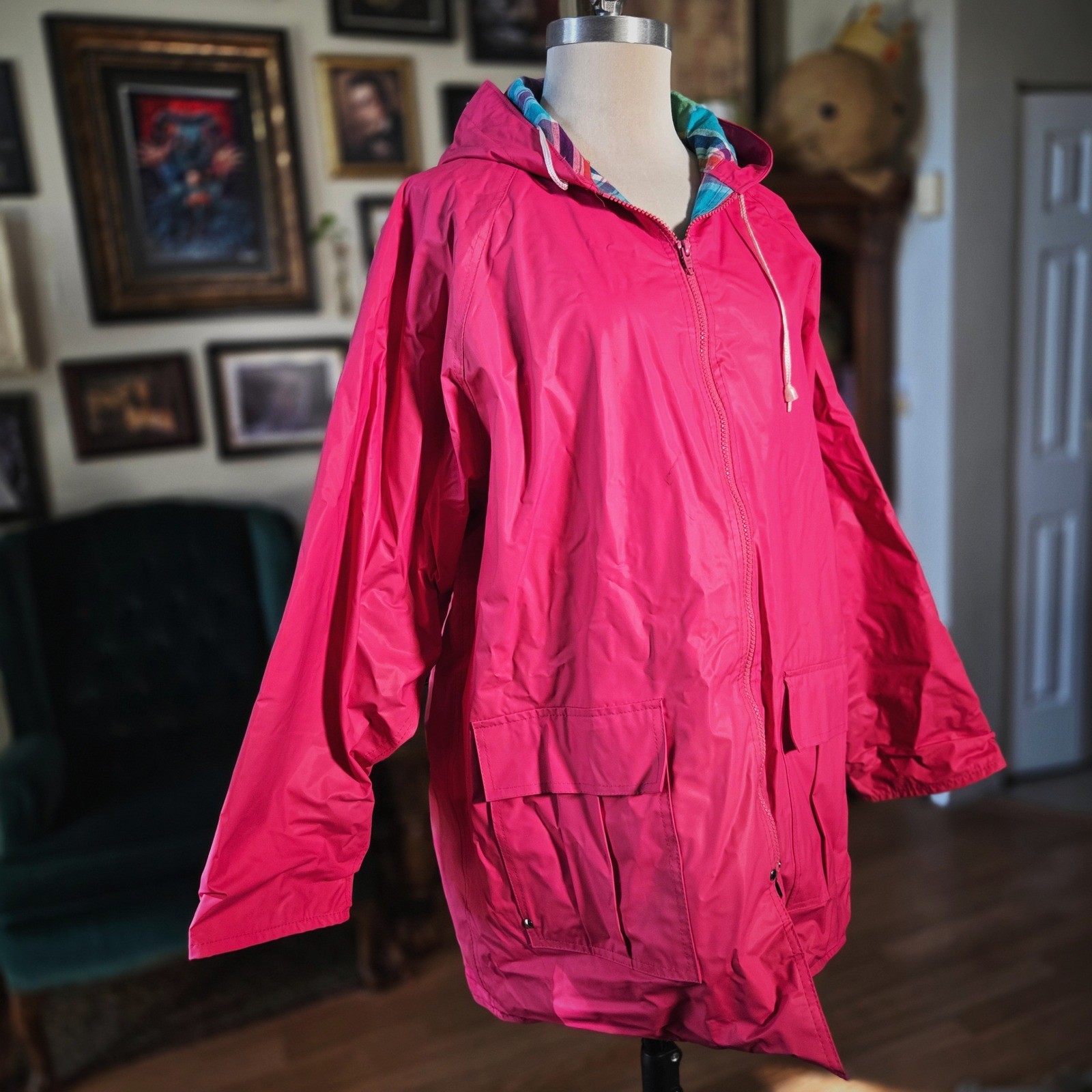 Misty Harbor Pink Raincoat Jacket Vintage 90s Plaid Lined Hooded Plus Size 3X