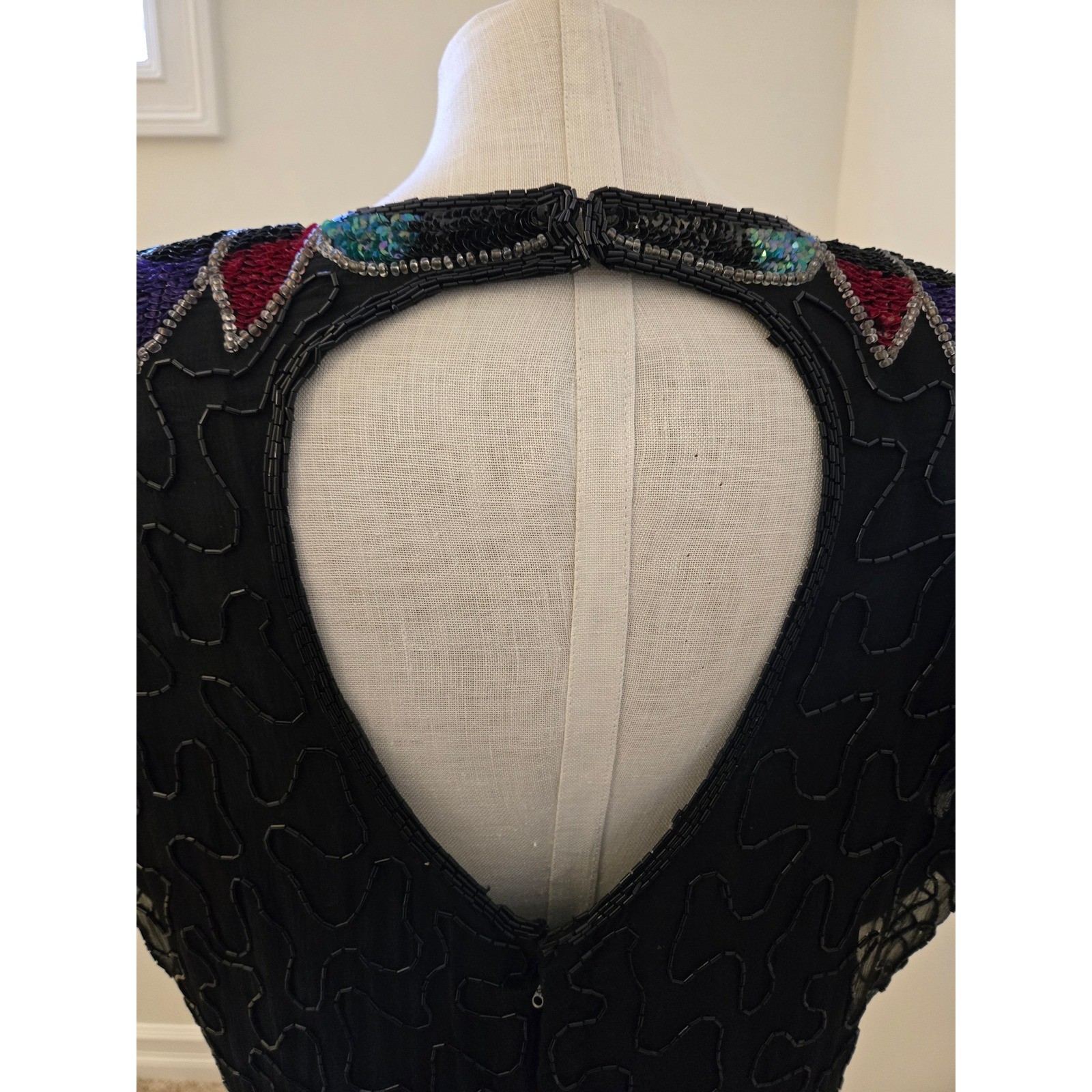 Vintage Silk Sequin Beaded Cocktail Dress Art Deco Sleeve Open Back Midi