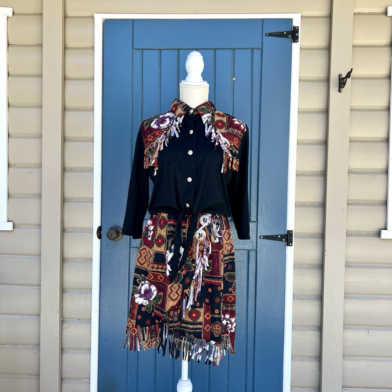 VTG 90s Ozark Mountain Jean Co Western Button Up Shirt and Wrap Skirt Set Fringe