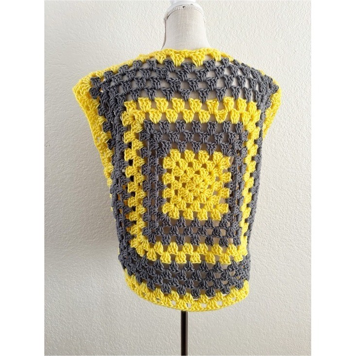 Handmade Crochet Granny Square Top OS Yellow Grey Sleeveless Vest Boho