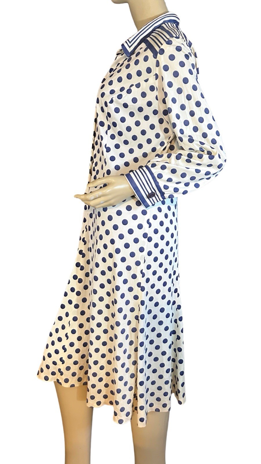 VINTAGE 1980&rsquo;S ARNEL BLUE & WHITE STRIPED & POLK A DOT PRINT SHIRT DRESS SIZE L