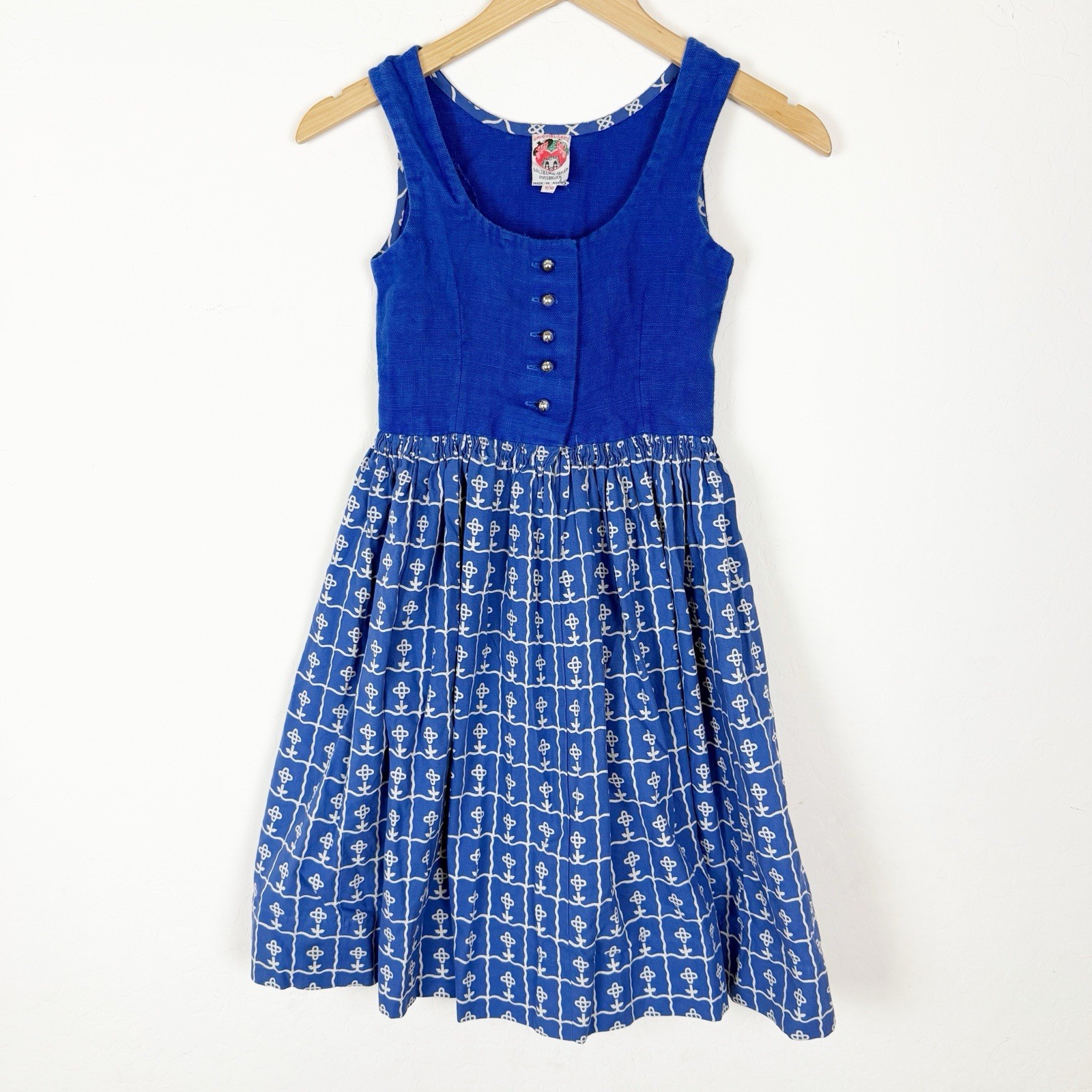 Vtg Original Lanz of Salzberg Wien Innsbruck Austria novelty dress blue SZ 9/10