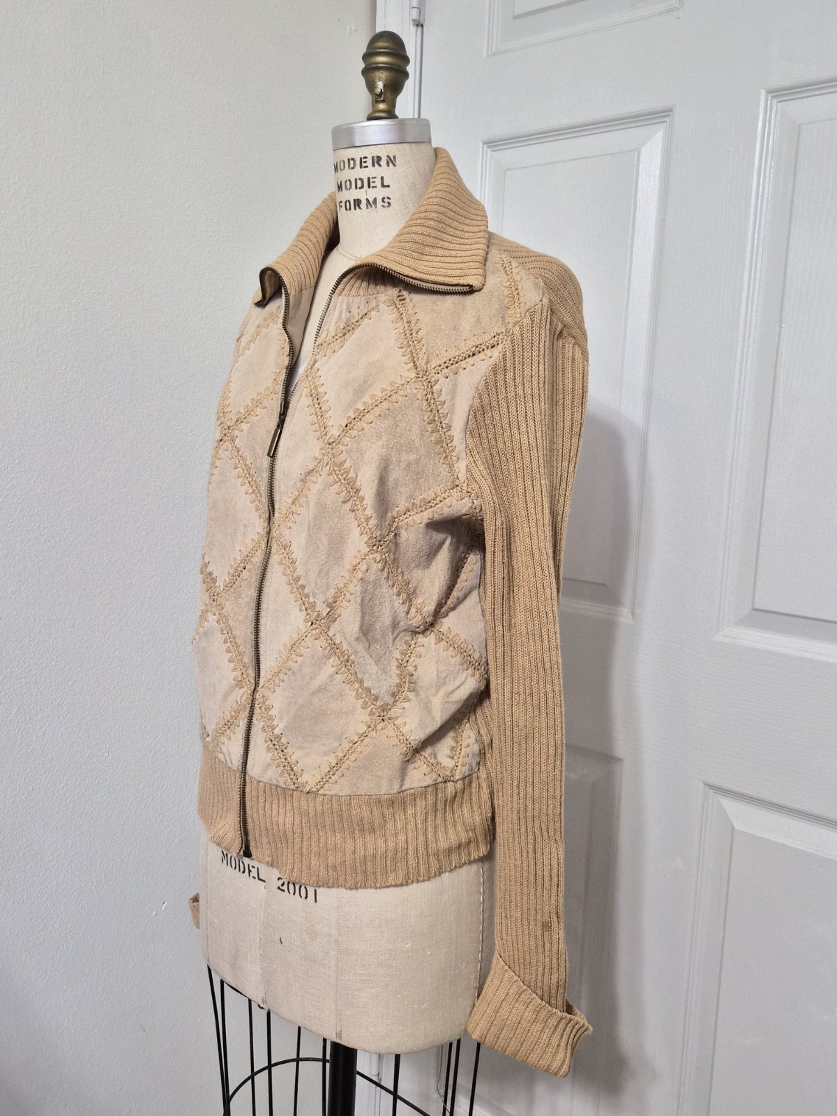 Vtg Patchwork Suede Crochet Knit Beige Neutral Light S/M Jacket Rem Garson Boho