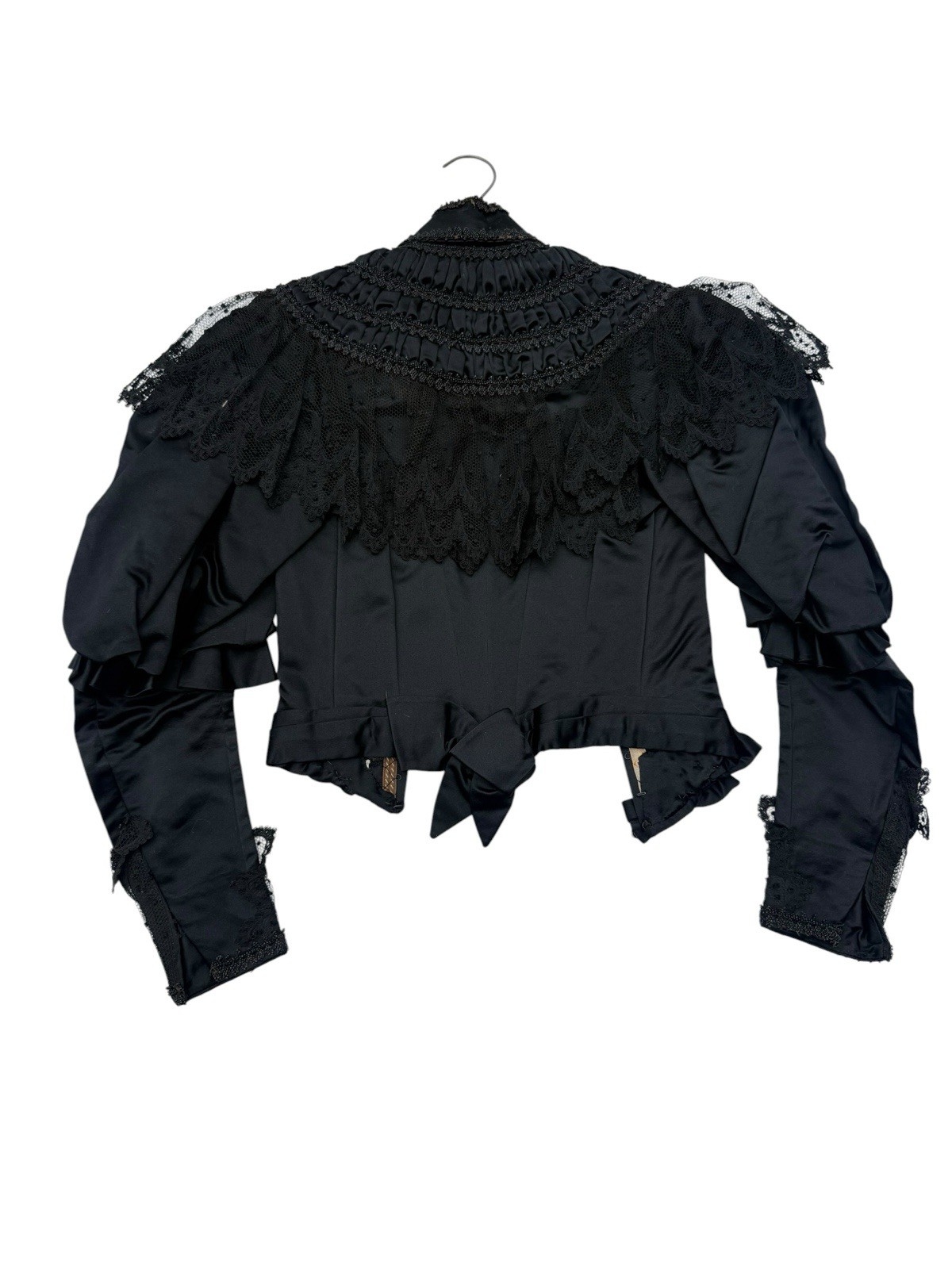 Antique 1890s Victorian Mourning Bodice Jet Black Beaded Boned Lace Top Jacket