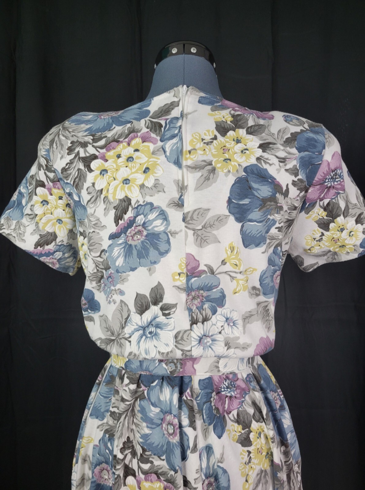 Vtg Stuart Alan Petites White/Blue/Purple Floral Blouson Knit Dress Size 8P